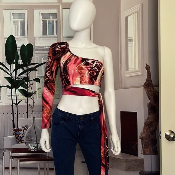 Timing One ShoulderLong Sleeved Side Tie Pink Print Crop Top. Size L. P325/A2397 - Picture 5 of 10